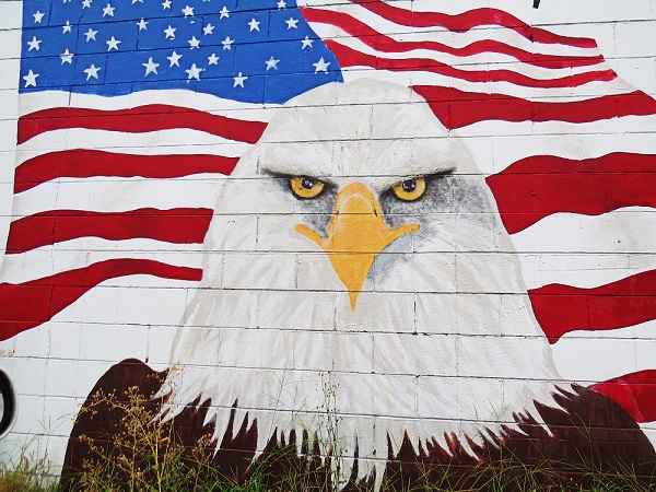 Mural of an American flag waving behind a bald eagle
