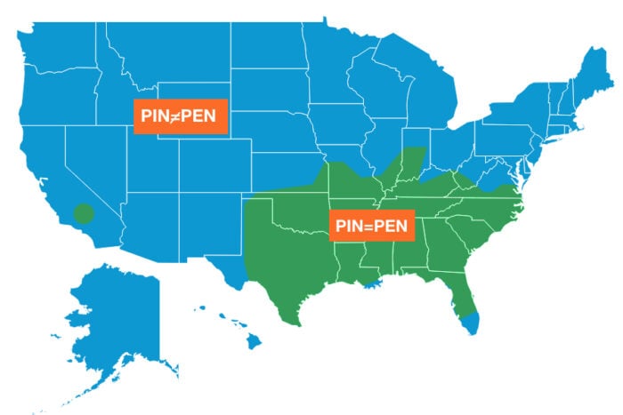 Map of American accents classified according to the PIN/PEN distinction