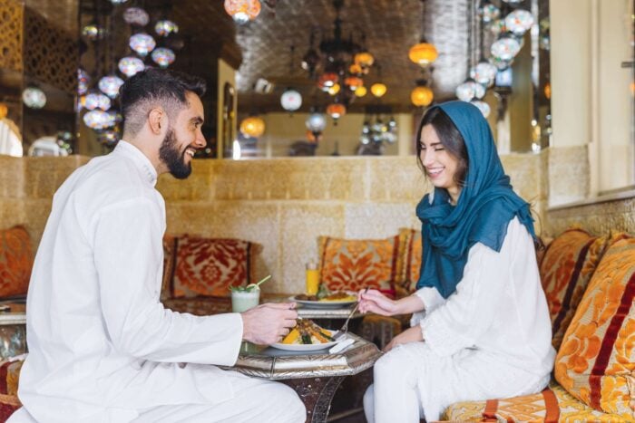 Arab couple exchanging Arabic phrases